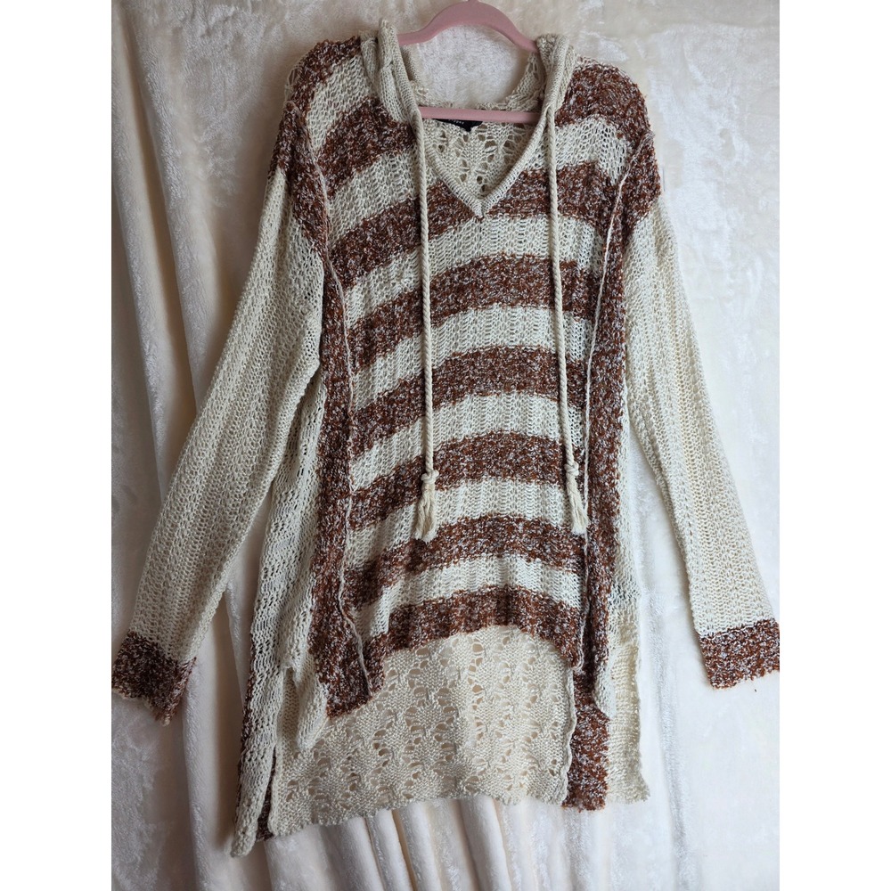 Blu Pepper Striped Crochet Knit Hooded Tunic Sweater Women's Beige Brown